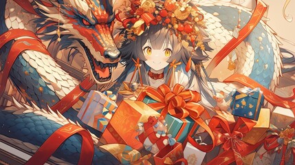 Chinese dragon gives New Year gifts to cute anime girl - obrazy, fototapety, plakaty