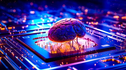 Computer chip with brain on top of it and city in the background.