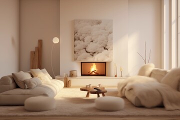 Lounge, Fireplace glow, Cozy setting, Soft neutrals, Fluffy rug