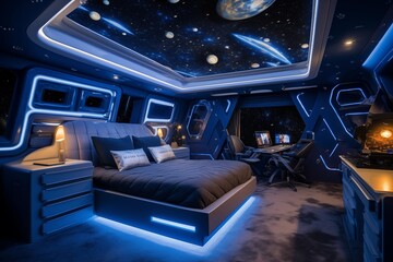 Kid's Bedroom with Space Theme, interior design,  Featuring Blue and Silver Decor, LED Stars, and Modern Furniture