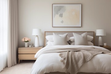 Fototapeta na wymiar Modest Guest Bedroom with Soft Linen Bedding in Neutral Tones, Singular Artwork, Built-in Wardrobe 