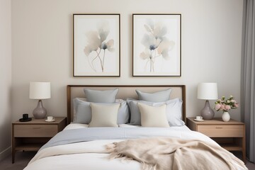 Modest Guest Bedroom with Soft Linen Bedding in Neutral Tones, Singular Artwork, Built-in Wardrobe 