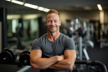 Zelfklevend Fotobehang  middle age sportive man in gym while looking at camera. personal trainer. Healthy lifestyle © zamuruev