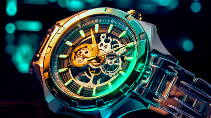 Naklejka premium Close up of watch with green light on the face of it.