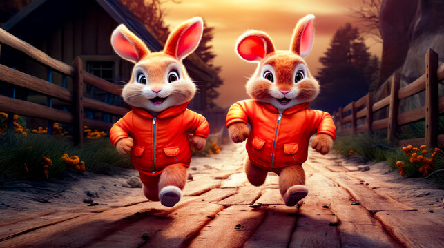 Couple of rabbits are running down path in cartoon style photo.