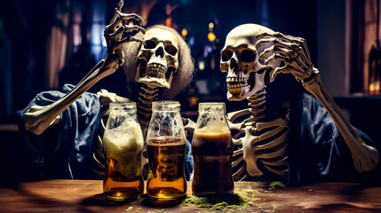 Couple of skeletons sitting next to couple of beer bottles on top of table.