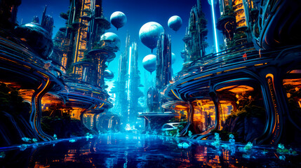 Futuristic city surrounded by tall buildings and futuristic water features in the foreground.