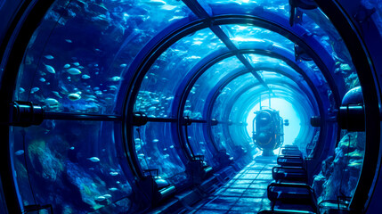 Underwater tunnel with submarine in the middle of the tunnel and large amount of fish in the water.