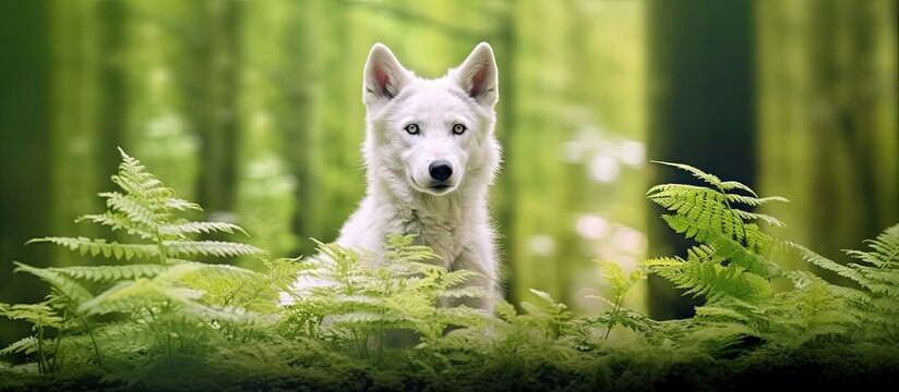 In the isolated background of a lush green forest an animal with a white coat poses for a conceptual portrait showcasing its cute and colorful eyes perfectly complementing the natural beauty