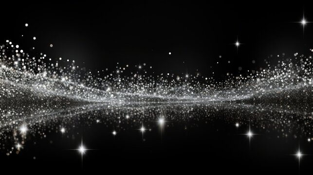 silver sparkles, pollen on a black background. banner