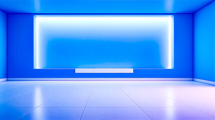 Room with blue wall and white floor and blue shelf.