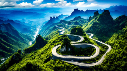 Winding mountain road in the middle of green valley with mountains in the background. - Powered by Adobe