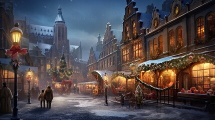Obraz premium Night New Year's snowy street with decorated houses and Christmas trees. art.