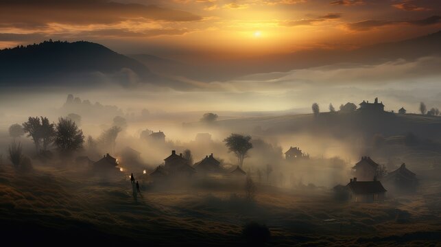travel land dawn fog landscape illustration farm sunrise, field sunlight, morning hill travel land dawn fog landscape