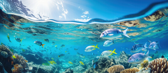 Fototapeta na wymiar An underwater view from beneath a diverse school of fish in the ocean