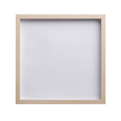 Obraz premium Square wooden picture photo frame, front view. Realistic horizontal picture frame. Empty light brown picture frame, mockup template isolated on white background.