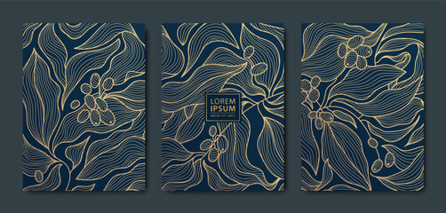 Vector art deco, luxury golden floral covers. Line japanese style leaves and coffee beans, nature texture patterns, cover, flyer templates. Elegant wavy vintage brochures
