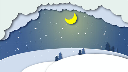 Fototapeta na wymiar Winter night paper cut out design with snow flakes