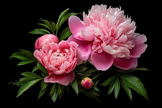 Two pink peonies with green leaves on a black background, with a pink flower in the middle of the picture. Generative AI