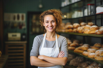 Portrait happy employee woman german bakery working behind counter full of delicious fresh baked goods - obrazy, fototapety, plakaty