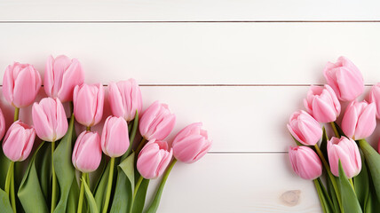 A flat lay of pink tulips on a white, rustic backdrop, bathed in morning light with space for your message.