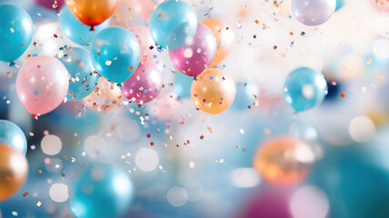 Colorful balloons on a festive abstract background for promotions or invitations.