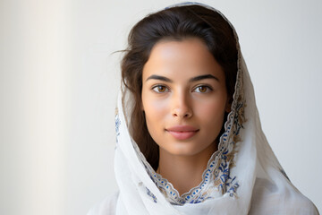 a woman in a white shawl and a white shirt