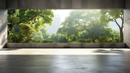 empty concrete floor in modern office building with green tree and city view