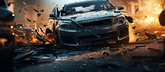 A close-up of a collision between two cars, illustrating a road accident in a high-quality image.