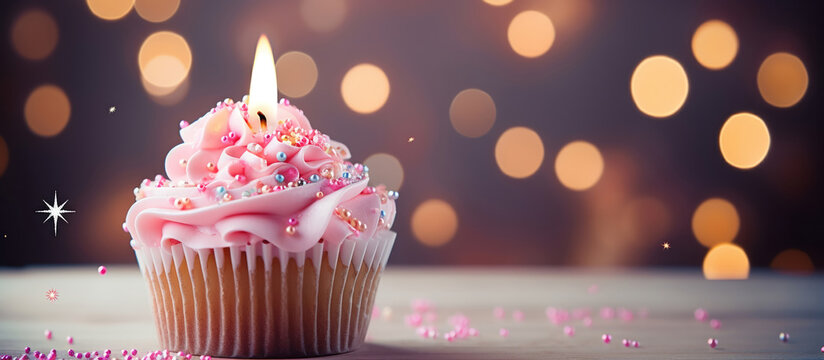 Festive birthday cupcake with a single candle and pink decor.