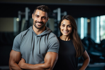 Fototapeta premium couple fitness man and woman in sportswear standing in gym club. personal trainer. healthy lifestyle