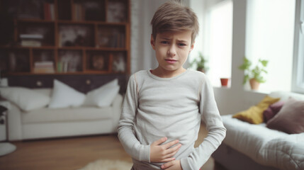 Obraz premium sad little boy holding his stomach, illness, cramps, health, color background, stomach-ache, abdominal, griping, bellyache, tummy-ache, gripes, portrait, ill, child, kid, baby, toddler, son, cry, room