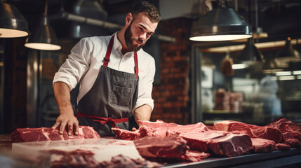 Butcher is working in a modern meat shop