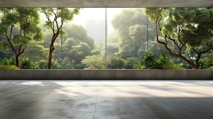 empty concrete floor in modern office building with green tree and city view