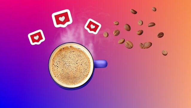 Pop up coffee cup steam beans like buttons. Floating hot drink stop motion animation gradient Good morning shop levitating latte cappuccino mug bar sale discount. Brand advertising Social media design