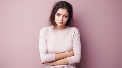 Fototapeta premium sad young woman holding her stomach, illness, cramps, health, color background, girl suffering, painful periods, stomach-ache, abdominal, griping, bellyache, tummy-ache, gripes, portrait, ill, pastel