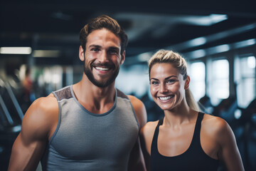 Fototapeta na wymiar couple fitness man and woman in sportswear standing in gym club. personal trainer. healthy lifestyle