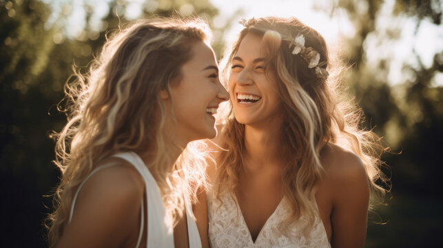 Candid photo of two joyful brides women outdoors, smiling