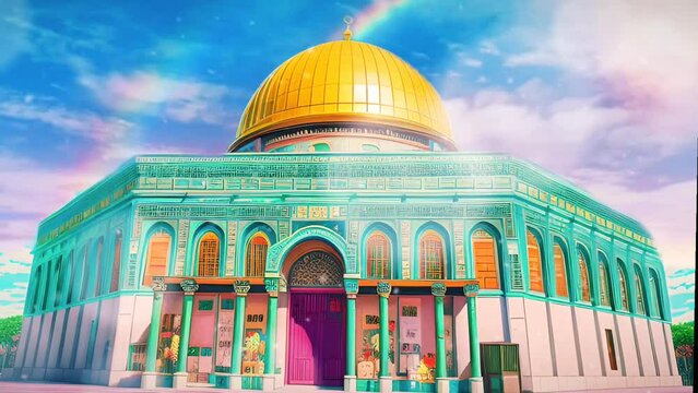 Islamic animation of beautiful mosque building in  watercolor painting illustration style. seamless looping video animated background