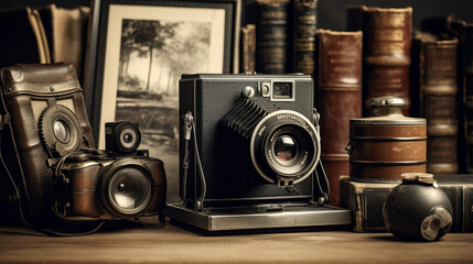 Capturing history, old retro camera on the table - Powered by Adobe