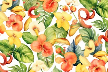 Seamless cashew watercolor pattern with fruits, nuts, flowers, and leaves. Generative AI