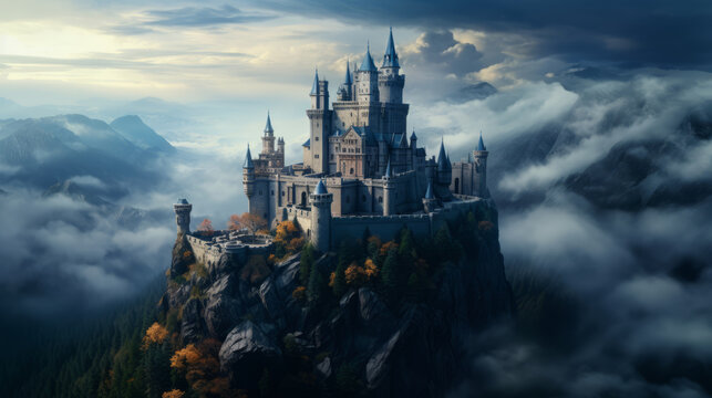 Castle in the fog at the top of the mountain