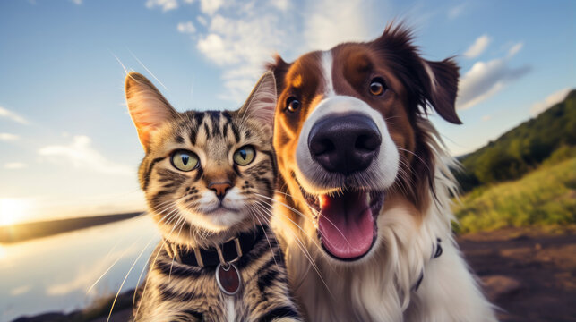 Cat and dog, best friends, talking a selfie shot