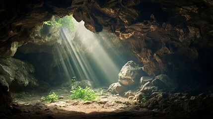 Inside the cave with natural light going down - obrazy, fototapety, plakaty