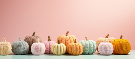 Handcrafted knitted pumpkins against a pastel backdrop, themed for Halloween with space for text.