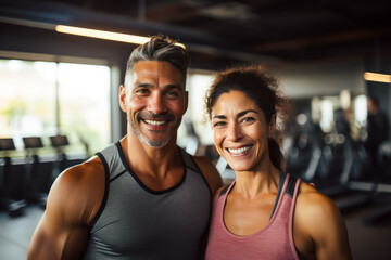 couple fitness man and woman in sportswear standing in gym club. personal trainer. healthy lifestyle