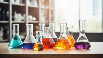 Chemical reagent bottles are on the table in the row, scientific experiment