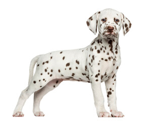 Side view of a Dalmatian puppy standing, looking at the camera, isolated on white
