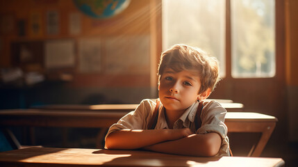 Child boy at school is sitting in classroom, bright sunlight