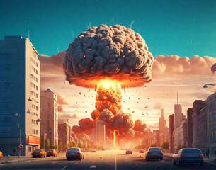 The explosion of nuclear bomb in the city. end of world illustration. Nuclear war threat concept. Ai Generative